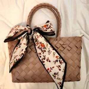 Tan XSmall Woven Handbag with Floral Scarf